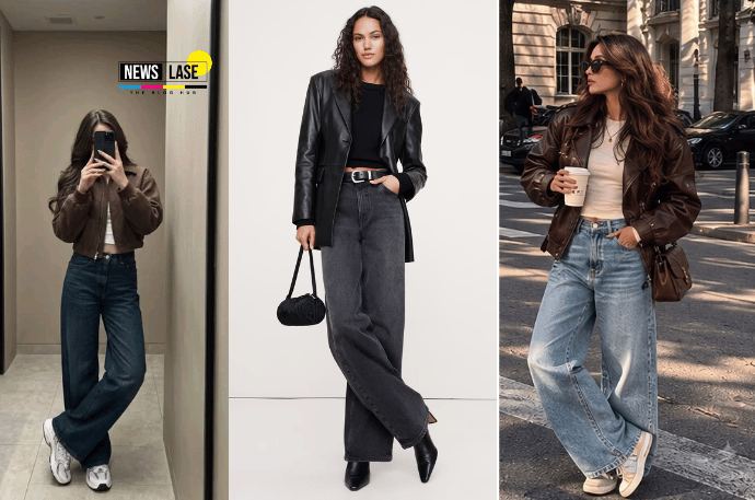 Black leather jacket outfit women with dark denim, neutral sweater, and ankle boots